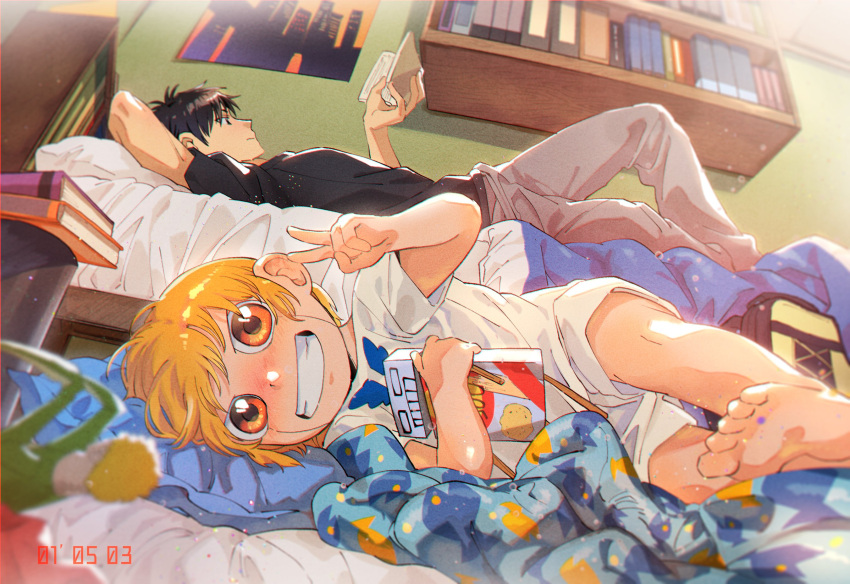 2boys, barefoot, bed, blonde_hair, blush, book, bookshelf, commentary_request