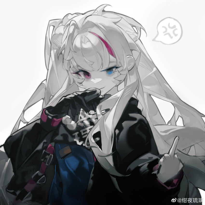 1girl, absurdres, anger_vein, black_gloves, black_jacket, blue_eyes, cellphone, commentary_request, flip_phone, girls'_frontline_neural_cloud, girls_frontline, gloves, grey_hair, hair_bobbles, hair_ornament, heterochromia, highres, holding, holding_phone, jacket, kuro_(girls'_frontline_nc), long_hair, looking_at_viewer, mdr_(girls'_frontline), middle_finger, multicolored_hair, phone, pink_eyes, pink_hair, simple_background, single_glove, solo, spoken_anger_vein, streaked_hair, upper_body, weibo_username, x_zhaohuan_x