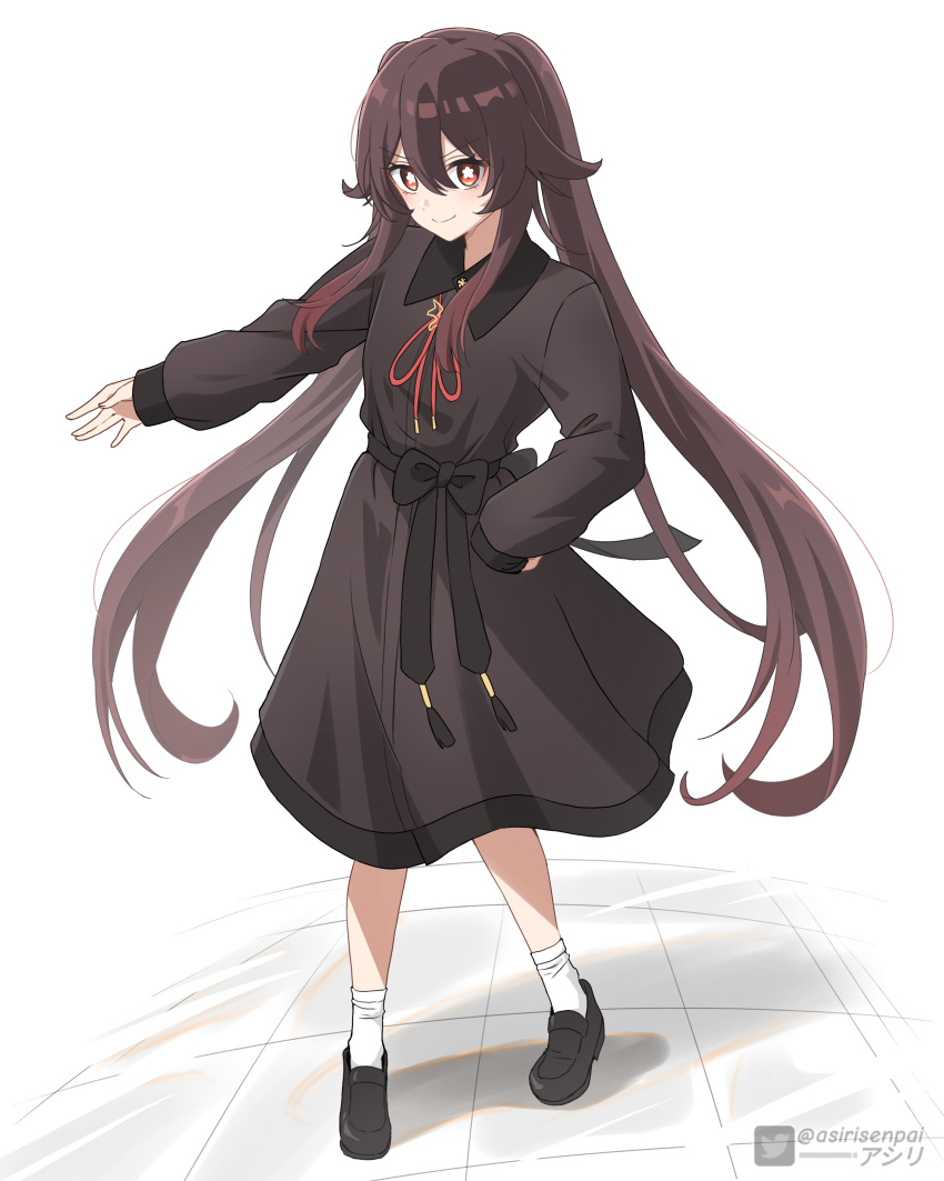 1girl, absurdres, adapted_costume, alternate_costume, artist_name, asiri_senpai, black_dress, black_footwear