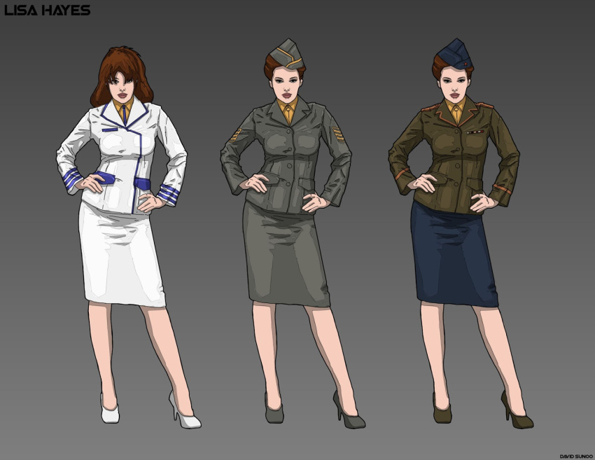 1980s_(style), 3girls, brown_hair, character_name, choujikuu_yousai_macross, cold_war, concept_art, dsunoo