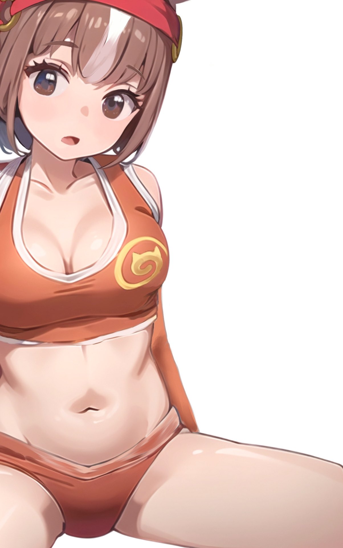 1girl, bare_shoulders, blush, brown_buruma, brown_eyes, brown_gloves, brown_hair, brown_sports_bra