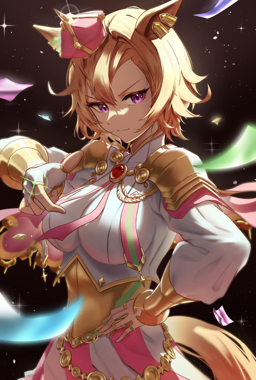 1girl, absurdres, black_background, breasts, closed_mouth, crown, ear_ornament, hair_between_eyes, hand_on_own_hip, highres, horse_girl, horse_tail, jewelry, kinoyama_(0202), looking_at_viewer, medium_breasts, multiple_rings, orange_hair, puffy_sleeves, ring, shirt, short_hair, skirt, solo, sparkle, starry_background, striped, striped_skirt, t.m._opera_o_(umamusume), tail, umamusume, violet_eyes, white_shirt