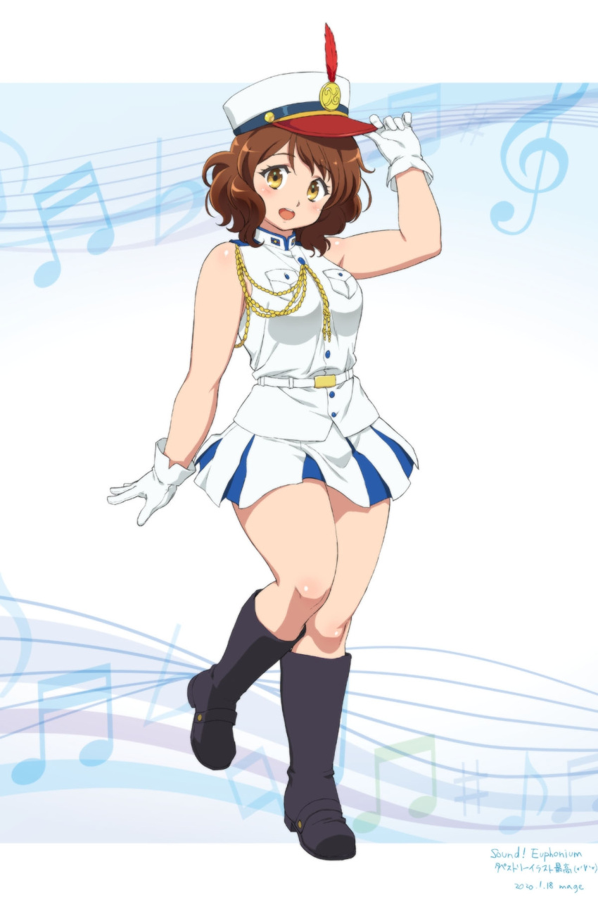 1girl, aiguillette, alternate_body_size, arm_up, beamed_eighth_notes, beamed_sixteenth_notes, belt, black_footwear