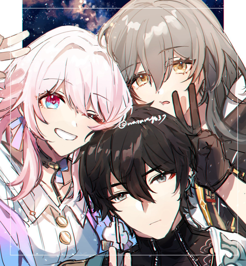 1boy, 2girls, black_gloves, black_hair, black_jacket, blue_eyes, dan_heng_(honkai:_star_rail), earrings