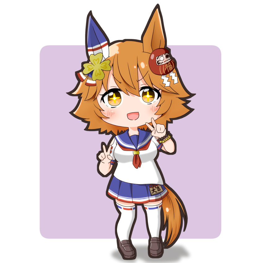 +_+, 1girl, :d, animal_ears, bead_bracelet, beads, blue_serafuku, blue_skirt, border, bracelet, brown_footwear, chibi, clothing_cutout, daruma_doll, double_v, ear_covers, earrings, ema, flipped_hair, full_armor_narumi, full_body, hair_between_eyes, hair_ornament, highres, horse_ears, horse_girl, horse_tail, jewelry, loafers, looking_at_viewer, matikanefukukitaru_(umamusume), neckerchief, open_mouth, orange_eyes, orange_hair, purple_background, red_neckerchief, ribbon-trimmed_legwear, ribbon_trim, school_uniform, serafuku, shoes, short_hair, short_sleeves, shoulder_cutout, single_earring, skirt, smile, solo, tail, thigh-highs, umamusume, v, v-shaped_eyebrows, white_border, white_thighhighs