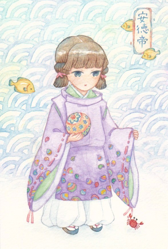 1boy, ball, black_hair, blue_eyes, crab, emperor_antoku, fish, full_body, japanese_clothes, kimono, kohitaki_1467, no_nose, open_mouth, purple_robe, real_life, robe, sandals, seigaiha, solo, standing
