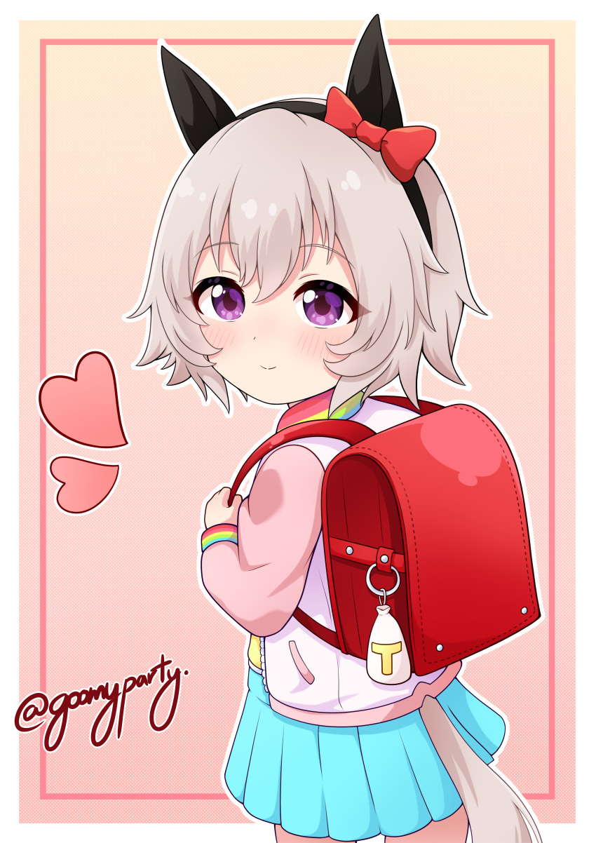 1girl, absurdres, animal_hairband, aqua_skirt, artist_name, backpack, bag, bag_charm
