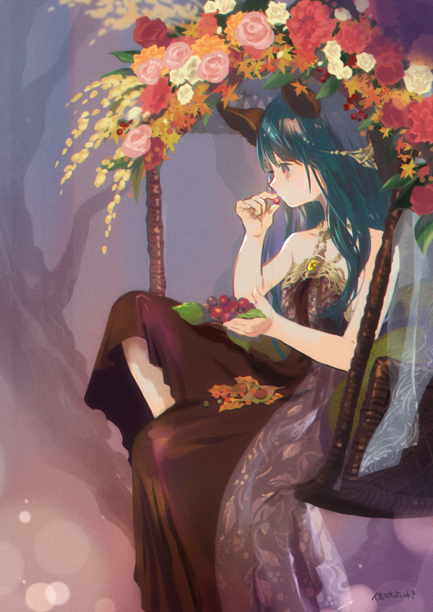 1girl, absurdres, animal_ears, bare_shoulders, black_dress, blue_hair, cat_ears, chair