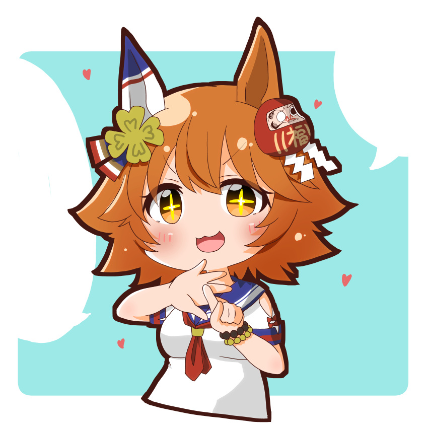 +_+, 1girl, :d, absurdres, animal_ears, blue_serafuku, blush, border, chibi, cropped_torso, full_armor_narumi, green_background, hair_ornament, heart, highres, horse_ears, horse_girl, matikanefukukitaru_(umamusume), neckerchief, open_mouth, red_neckerchief, school_uniform, serafuku, shirt, short_hair, short_sleeves, smile, solo, umamusume, upper_body, v-shaped_eyebrows, white_border, white_shirt