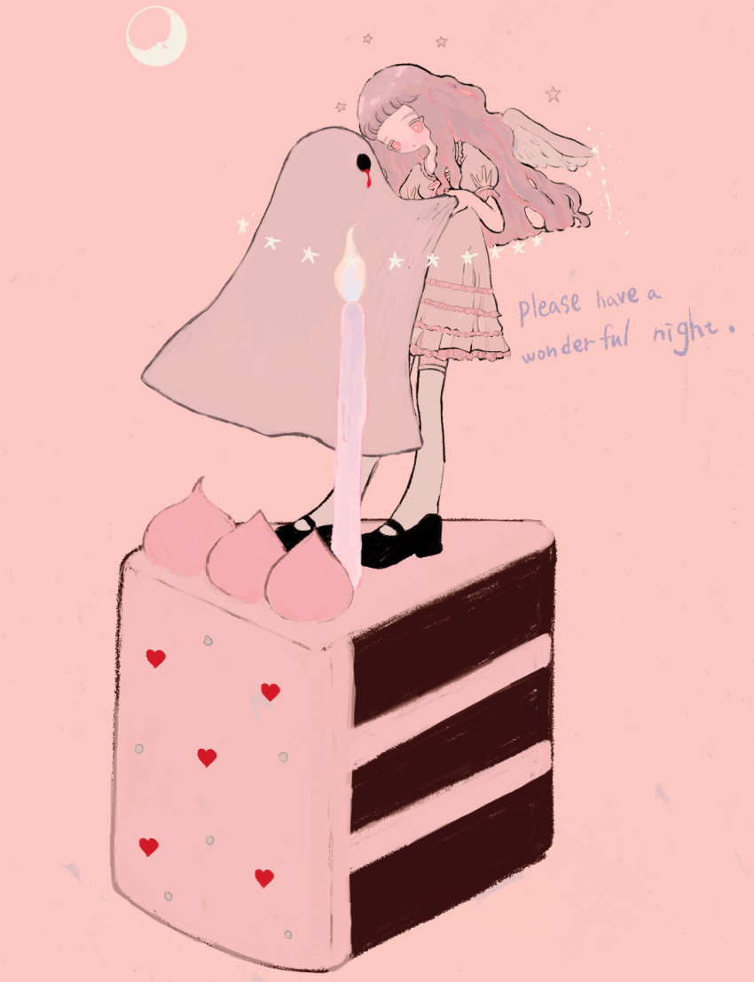 1girl, 1other, black_footwear, blood, blood_from_eyes, cake, cake_slice, candle