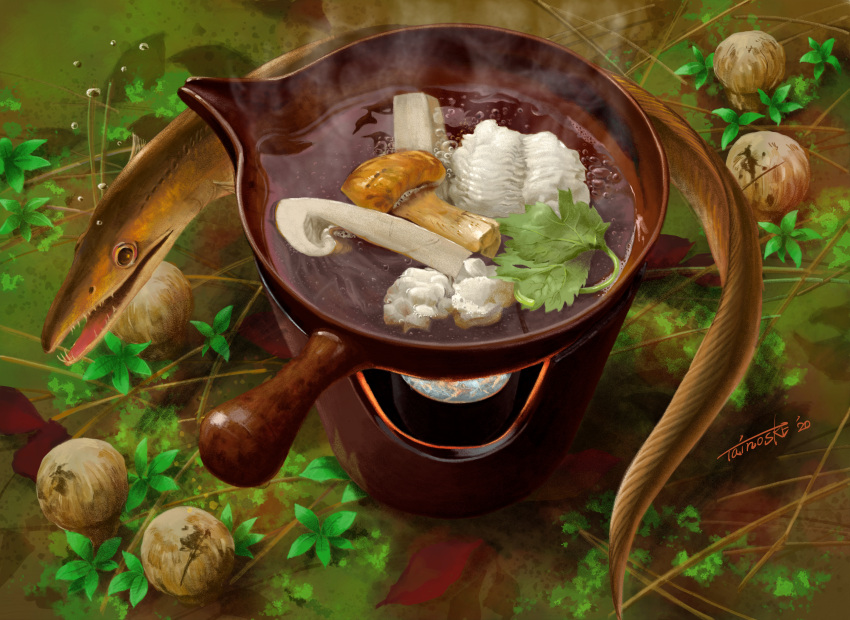absurdres, animal_focus, boiling, bubble, dated, eel, food, food_focus, highres, leaf, matsutake_(mushroom), original, signature, steam, tainosuke