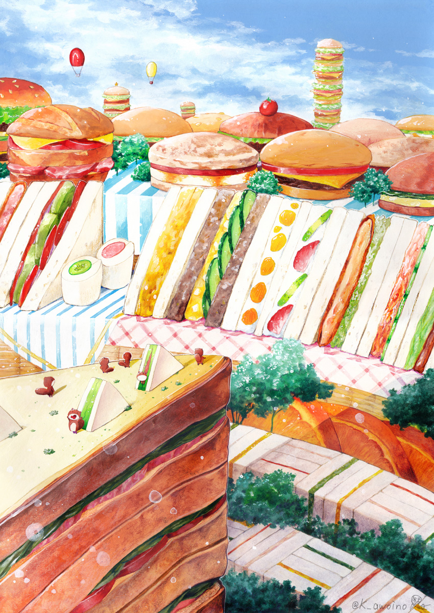 aircraft, awoino, blue_sky, burger, cheese, clouds, cloudy_sky, food