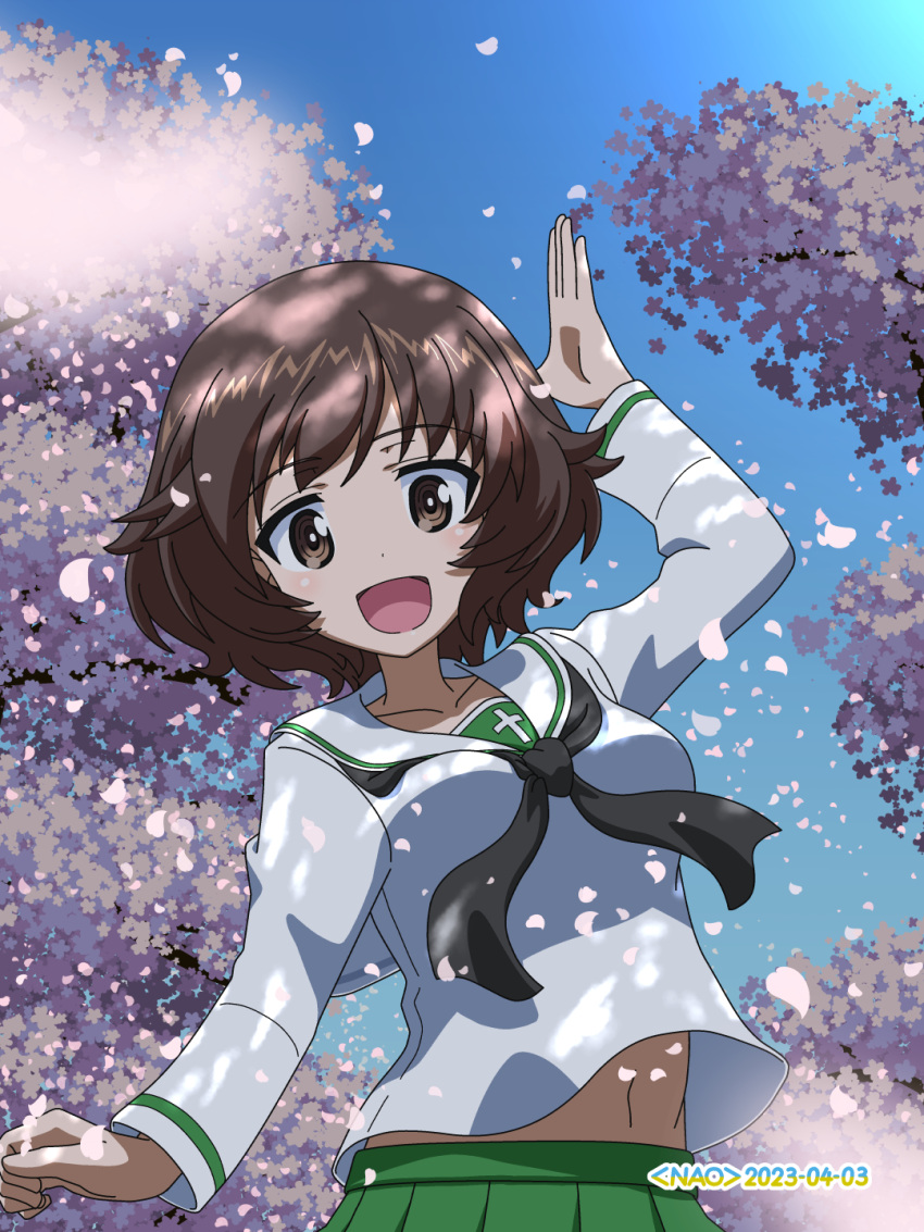 1girl, :d, akiyama_yukari, arm_up, artist_name, black_neckerchief, blouse, blue_sky