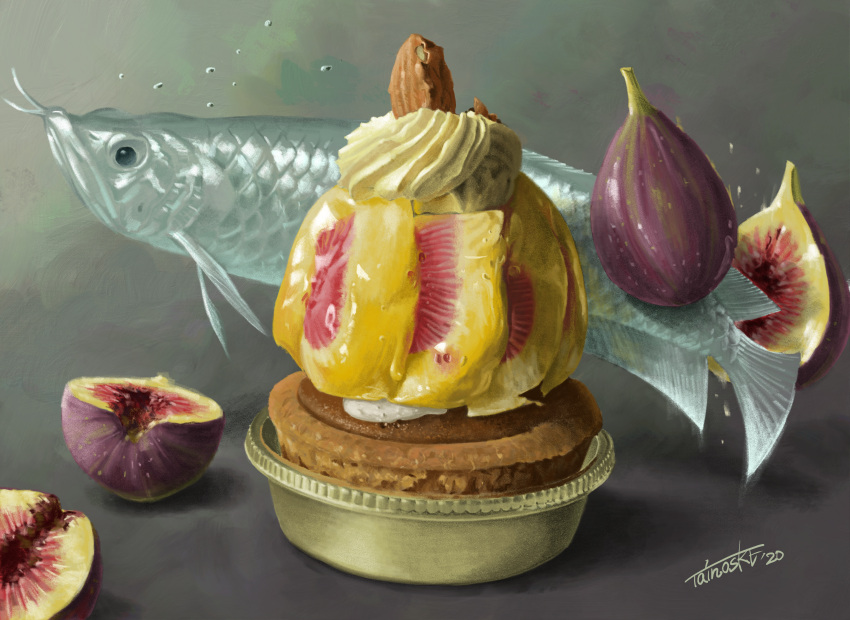 absurdres, animal_focus, arowana, bubble, fig, fig_tart, fish, food
