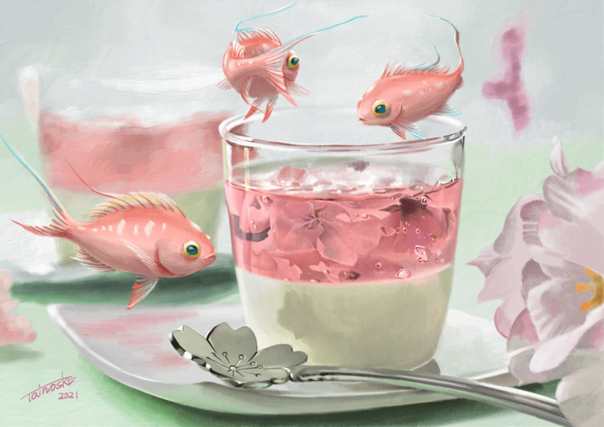 absurdres, animal_focus, blurry, blurry_background, cherry_blossoms, cup, dated, fish, flower, food, food_focus, gelatin, highres, no_humans, original, pink_flower, plate, shadow, signature, spoon, surreal, tainosuke, white_flower