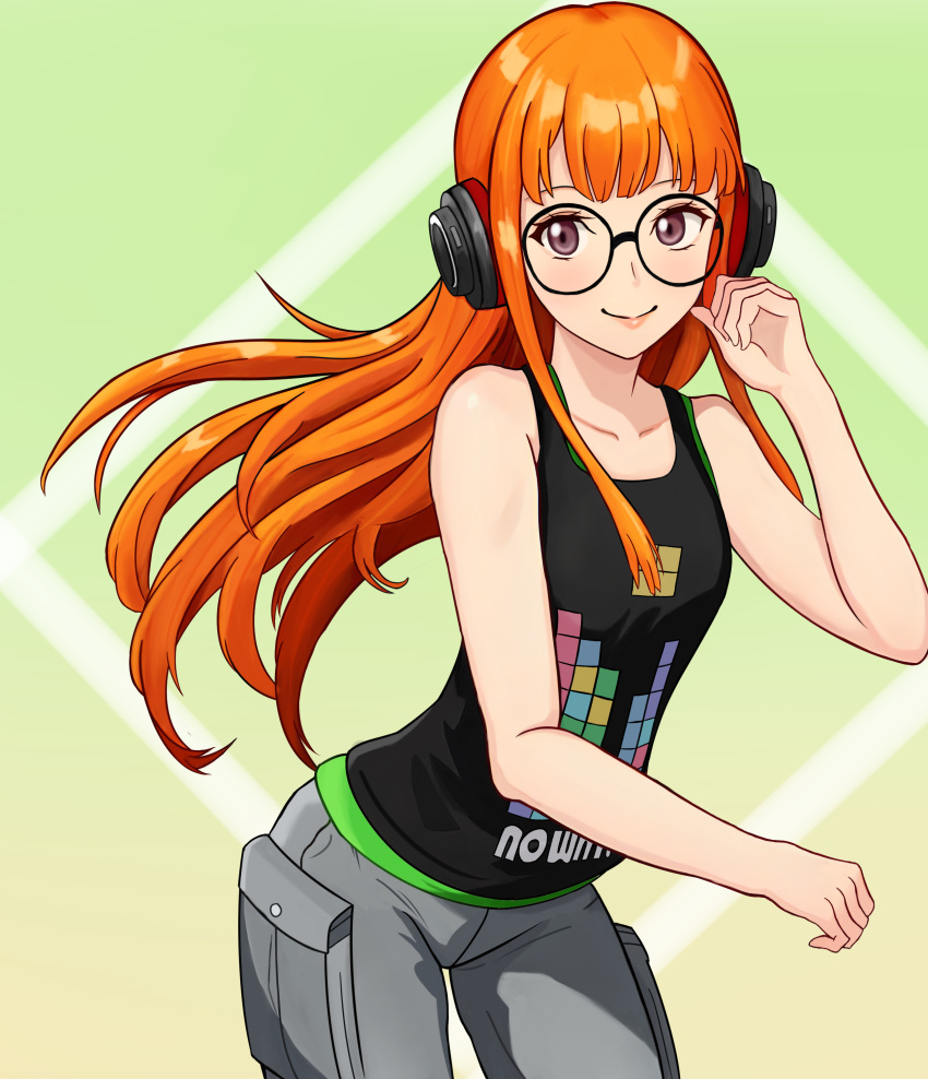 1girl, absurdres, bare_arms, behind-the-head_headphones, blunt_bangs, cargo_pants, closed_mouth, collarbone
