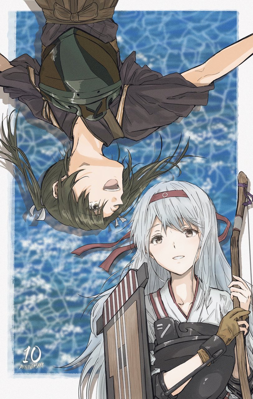 2girls, anniversary, archery, archery_shooting_glove, armor, bow_(weapon), breastplate, brown_gloves