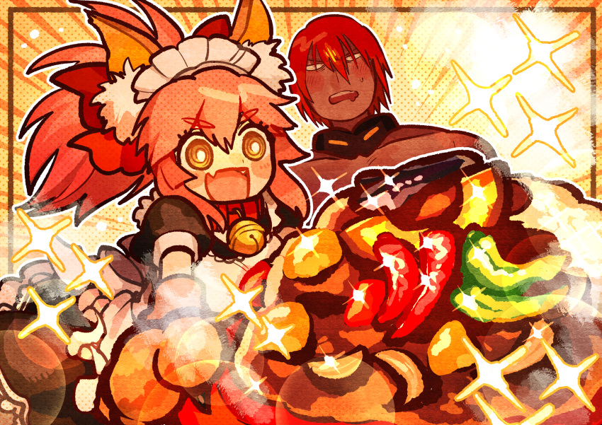 1boy, 1girl, @_@, absurdres, animal_ear_fluff, animal_ears, animal_hands, ashwatthama_(fate)
