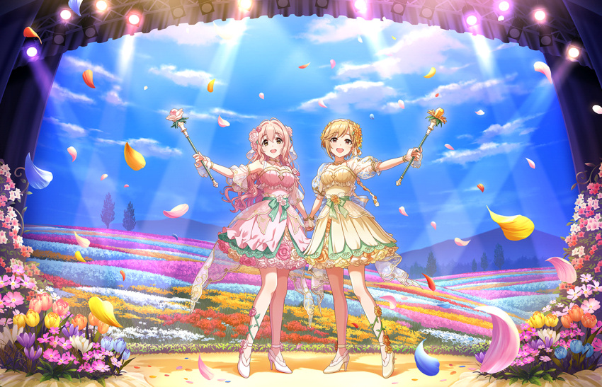 aiba_yumi, brown_eyes, brown_hair, dress, idolmaster_cinderella_girls_starlight_stage, saionji_kotoka, short_hair, smile