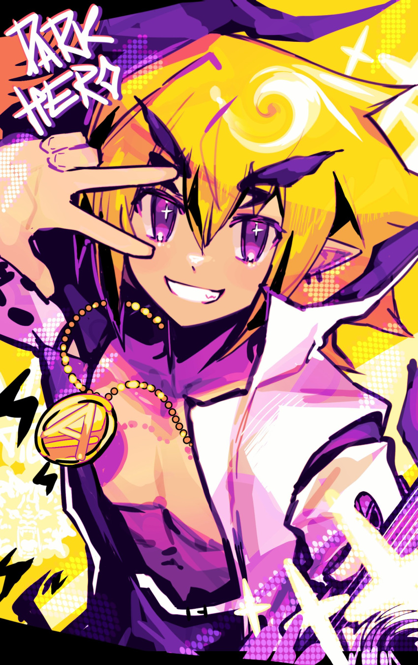 1boy, absurdres, akutare_(disgaea), belt, blonde_hair, chain, chain_necklace, coat