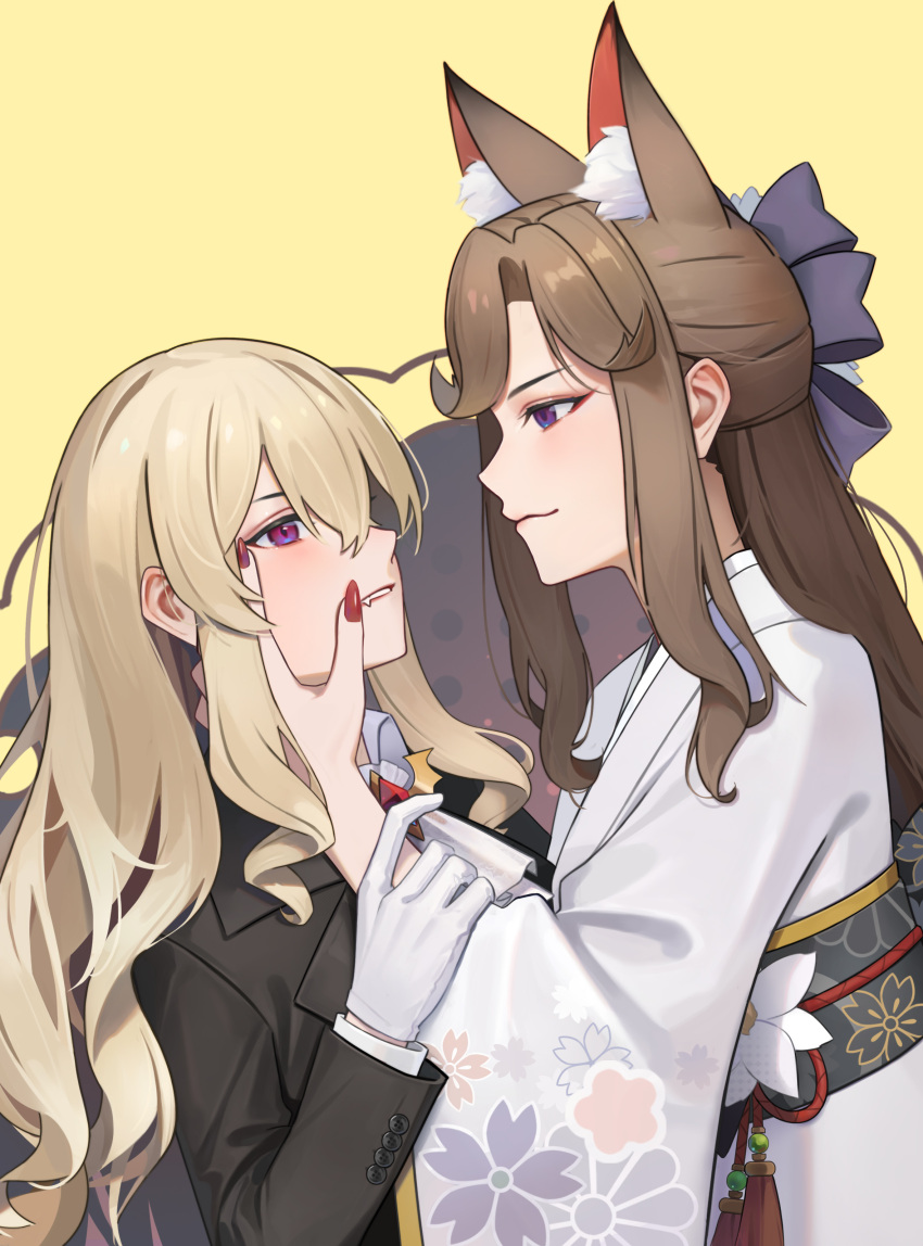 2girls, absurdres, animal_ear_fluff, animal_ears, ascot, black_jacket, black_suit, blonde_hair