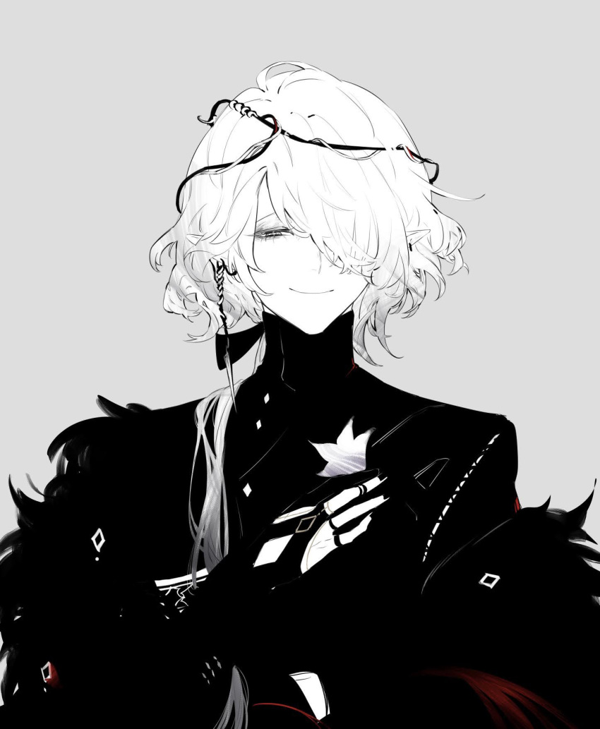 1boy, arknights, chimi_(s8s8_bb), earrings, eyeshadow, flower, fur_trim, gloves, grey_background, greyscale, hair_over_one_eye, hair_ribbon, half-closed_eyes, head_wreath, highres, holding, holding_flower, jewelry, long_hair, looking_at_viewer, low_ponytail, makeup, male_focus, mismatched_earrings, monochrome, nail_polish, partially_fingerless_gloves, pointy_ears, ribbon, sanguinarch_(arknights), shirt, simple_background, smile, solo, spot_color, turtleneck, upper_body
