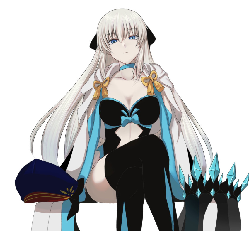 artoria_caster_(fate), artoria_caster_(second_ascension)_(fate), artoria_pendragon_(fate), beret, black_bow, blue_bow, blue_choker, blue_eyes, blue_ribbon, bow, breasts, choker, crown, dress, fate/grand_order, fate_(series), grey_hair, hair_between_eyes, hair_bow, hat, highres, kawairuka_ko, large_breasts, long_hair, long_sleeves, morgan_le_fay_(fate), open_clothes, open_dress, ribbon, thigh-highs, tonelico_(fate), very_long_hair, white_background, yellow_bow