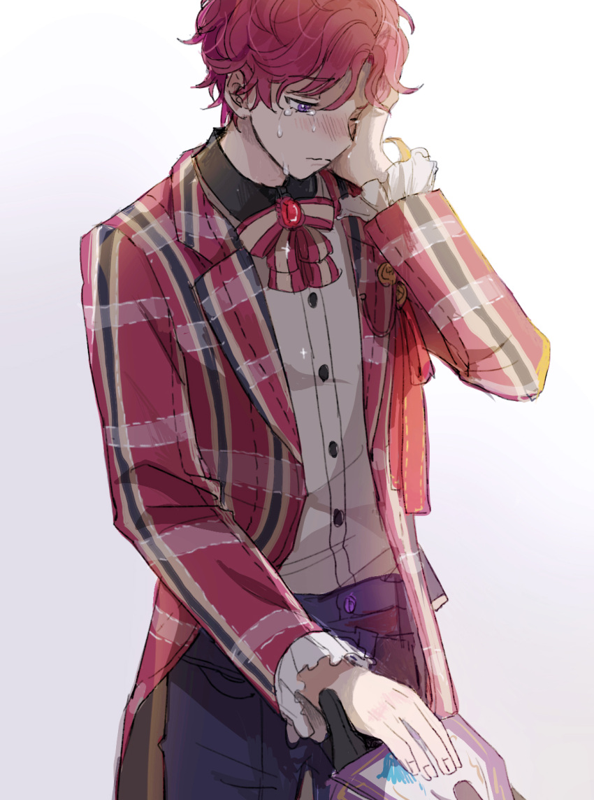 1boy, black_shirt, blazer, blue_pants, book, chloe_collins, closed_mouth, collared_shirt