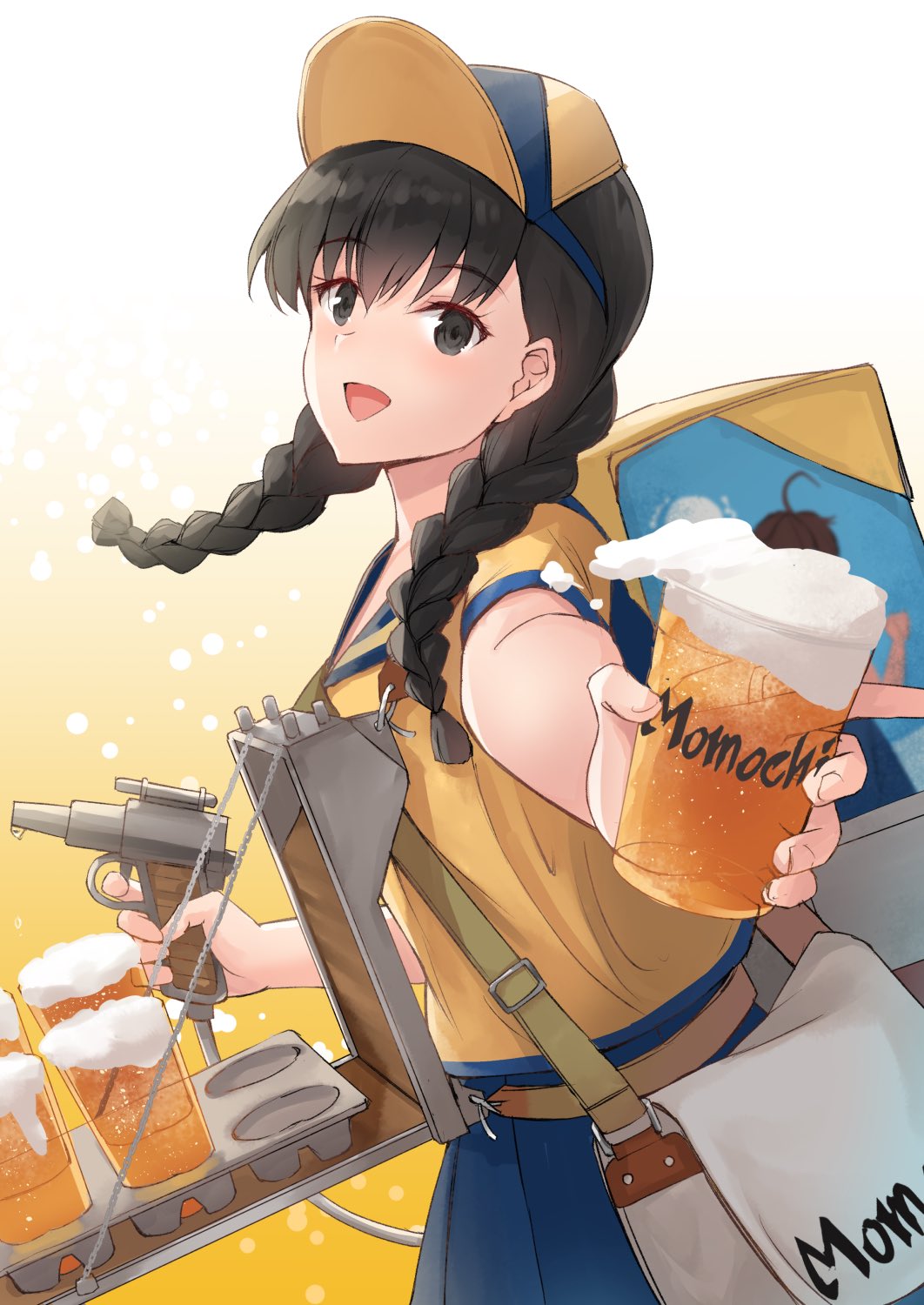 1girl, adapted_costume, alcohol, backpack, bag, beer, black_hair, blue_sailor_collar