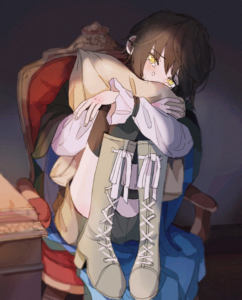1boy, black_cape, black_hair, black_shorts, black_socks, blue_cape, blush, boots
