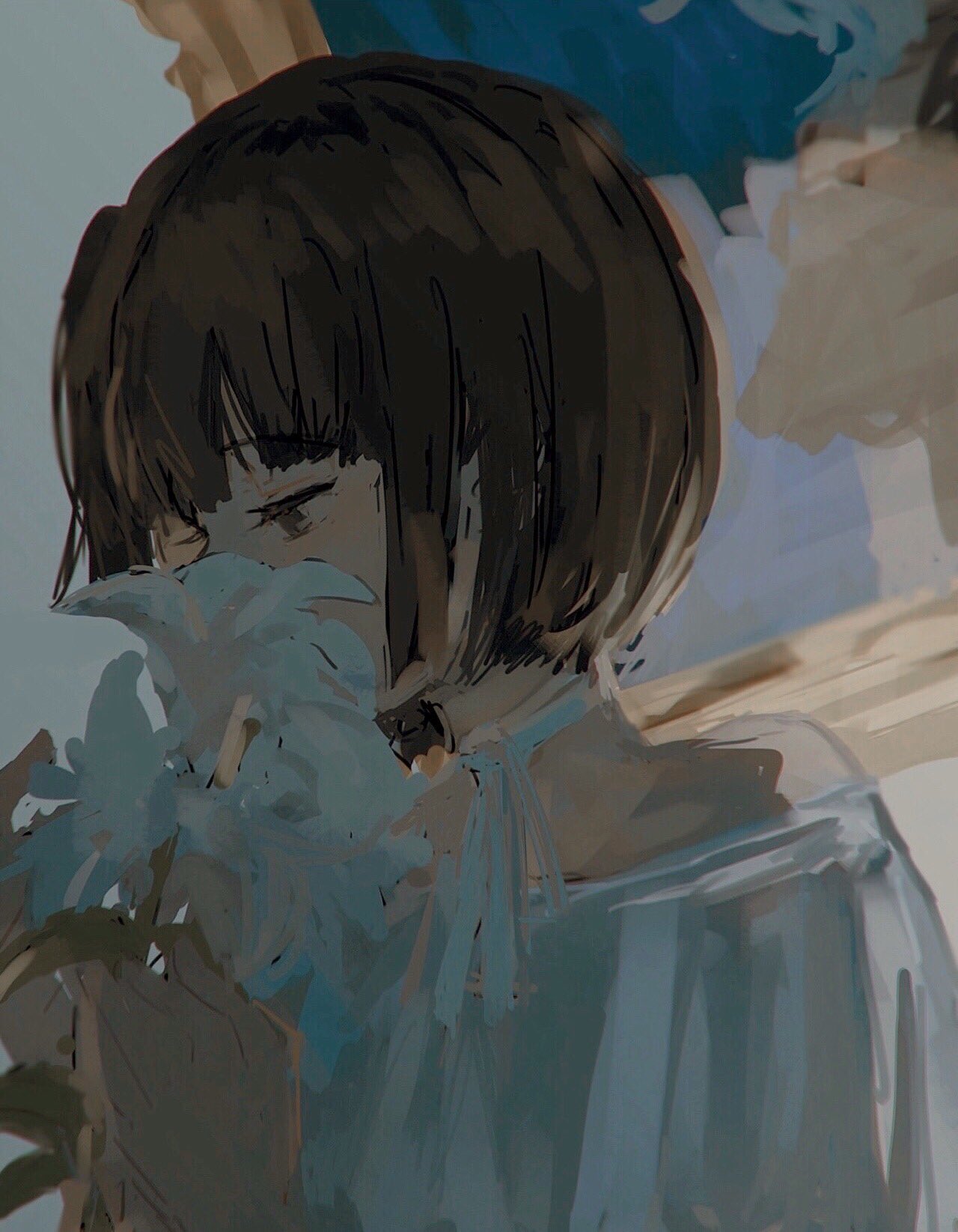 1girl, alternate_costume, amemori_sayo, blunt_bangs, bob_cut, brown_eyes, brown_hair, character_portrait, choker, commentary_request, covered_mouth, dress, flower, flower_over_mouth, from_side, half-closed_eyes, hands_up, highres, holding, holding_flower, kudou_chitose, lily_(flower), looking_down, nijisanji, off-shoulder_dress, off_shoulder, picture_frame, profile, ribbon, ribbon_choker, short_hair, sidelighting, solo, suna_(sunasuna_3), virtual_youtuber, white_dress, white_flower, white_ribbon