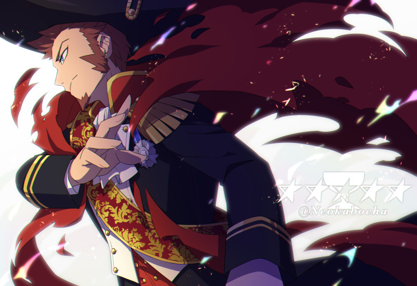 1boy, arm_at_side, ascot, blue_eyes, brown_hair, cloak, epaulettes, facial_hair