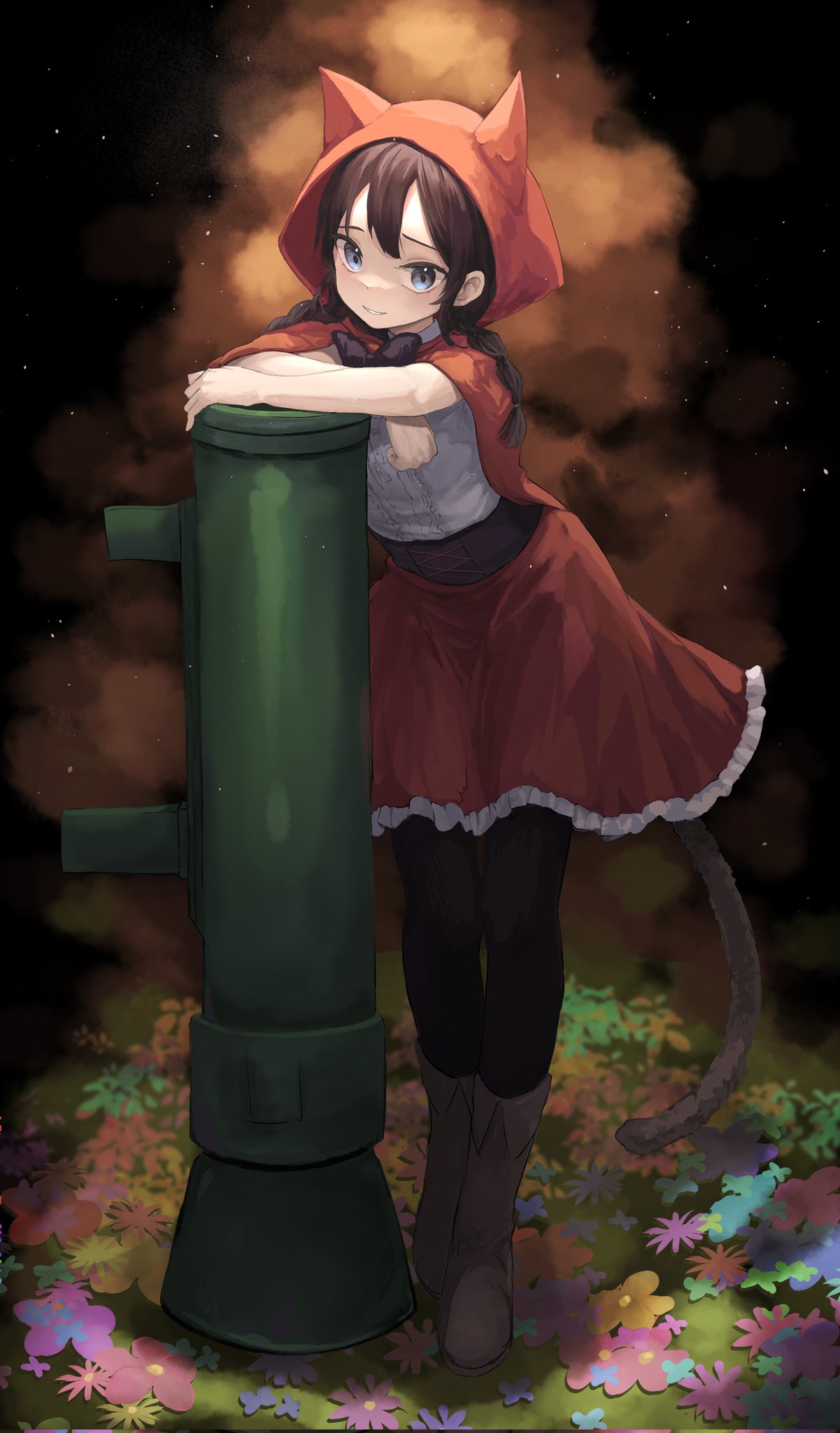 1girl, black_bow, black_bowtie, black_hair, blue_eyes, boots, bow, bowtie