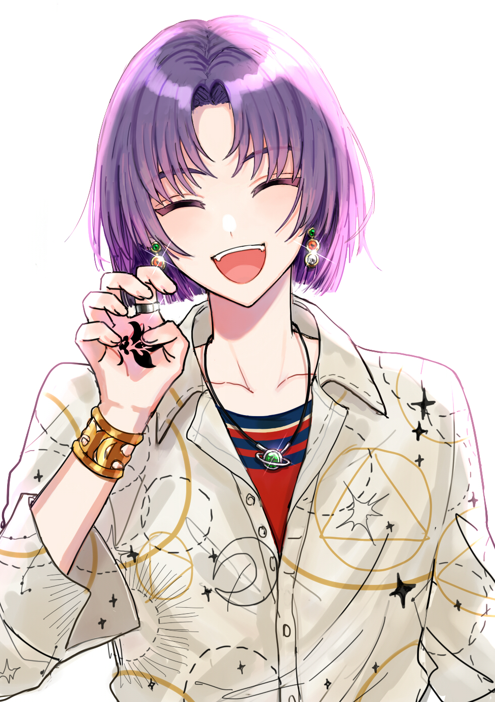 1boy, blue_shirt, closed_eyes, earrings, facing_viewer, gold_bracelet, hand_tattoo, highres, jewelry, mahoutsukai_no_yakusoku, male_focus, multicolored_shirt, murr_hart, necklace, open_mouth, purple_hair, red_shirt, shirt, short_hair, smile, solo, striped, striped_shirt, tattoo, teeth, white_shirt, yukinotihare