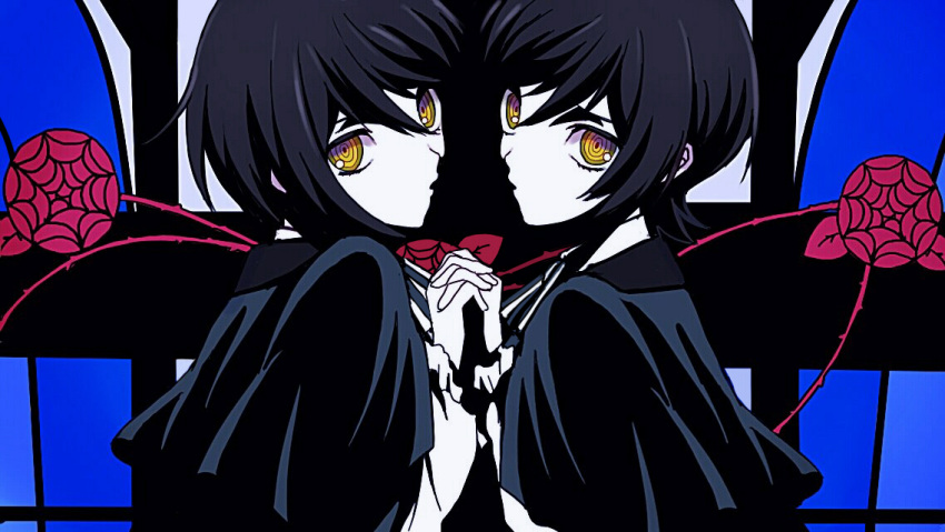 2boys, black_capelet, black_hair, blue_background, brothers, capelet, closed_mouth, flower, holding_hands, long_sleeves, looking_at_viewer, mahoutsukai_no_yakusoku, multiple_boys, red_flower, red_rose, rose, shirt, siblings, snow_(mahoutsukai_no_yakusoku), stained_glass, twins, white_(mahoutsukai_no_yakusoku), white_shirt, yellow_eyes, yukinotihare