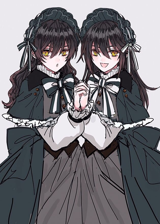 2girls, black_hair, genderswap, genderswap_(mtf), gothic_lolita, hairband, holding_hands, lolita_fashion, lolita_hairband, long_hair, mahoutsukai_no_yakusoku, multiple_girls, open_mouth, parted_lips, siblings, sisters, smile, snow_(mahoutsukai_no_yakusoku), twins, white_(mahoutsukai_no_yakusoku), yellow_eyes, yukinotihare