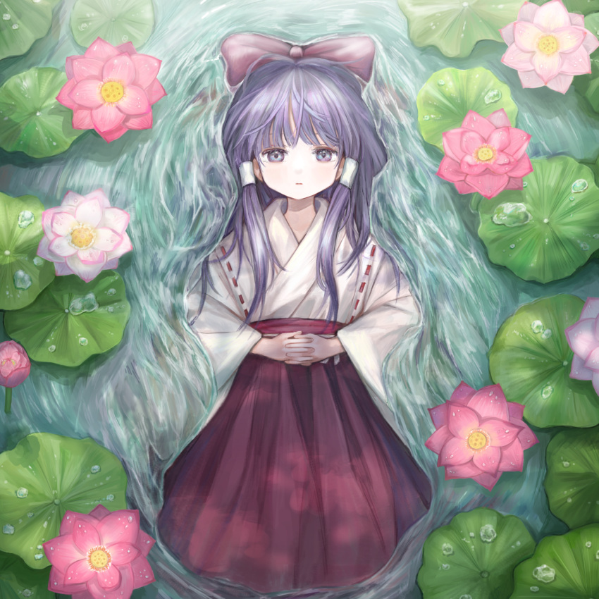 1girl, bow, flower, hair_bow, hair_tubes, hakama, hakurei_reimu, hakurei_reimu_(pc-98), highres, japanese_clothes, long_hair, long_sleeves, lying, lying_on_water, miko, pink_flower, purple_hair, red_bow, red_hakama, sasami_(shiroi_fuwafuwa), solo, touhou, touhou_(pc-98), violet_eyes, water, wide_sleeves