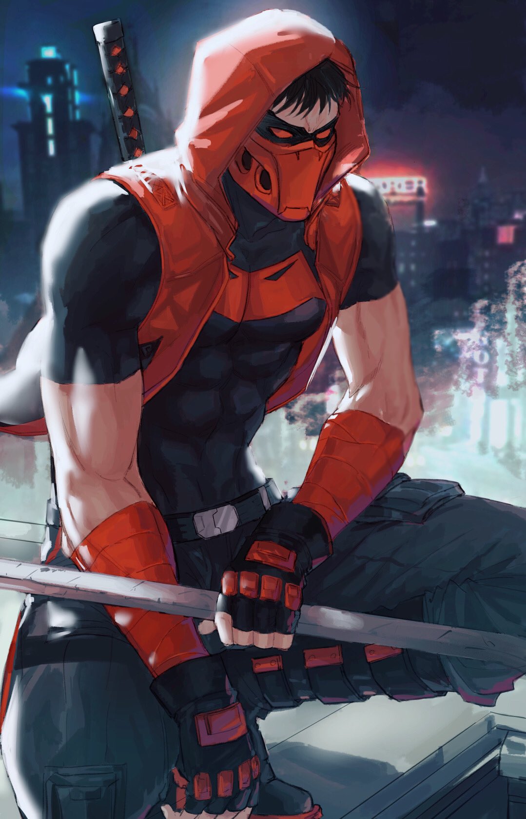 1boy, bandaged_arm, bandages, batman_(series), belt, black_belt, black_gloves, black_hair