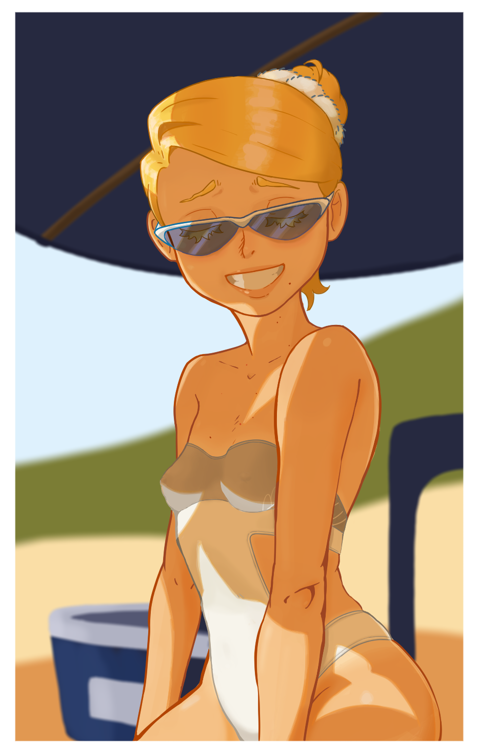 beach, belly, blonde_hair, breasts, glasses, highres, moitasart, mole