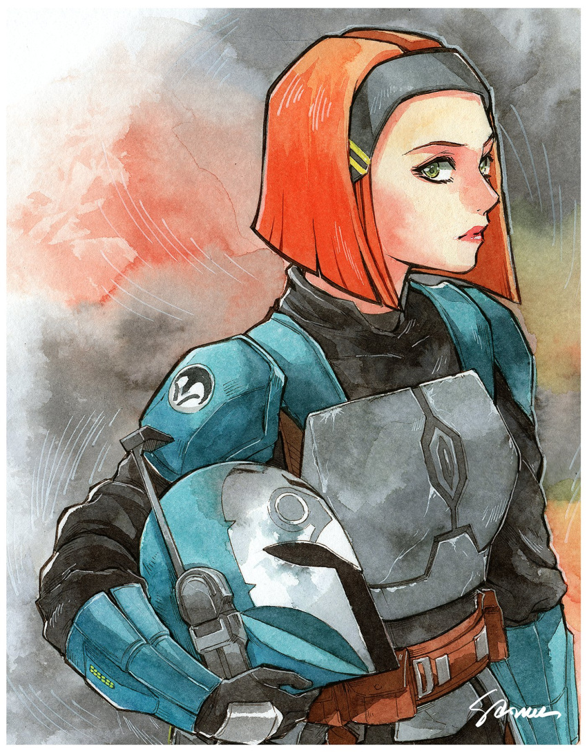 animification, armor, artist_name, belt, black_gloves, black_hairband, black_sweater, bo-katan_kryze