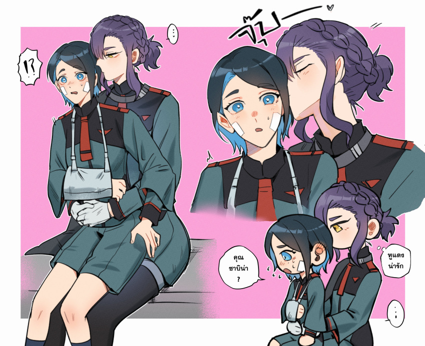 !?, 2girls, absurdres, arm_sling, asticassia_school_uniform, bandaid, bandaid_on_face, blue_hair
