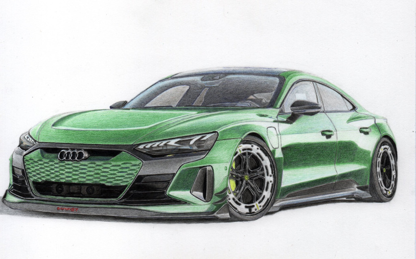 audi, audi_rs_e-tron_gt, car, colored_pencil_(medium), grey_background, highres, motor_vehicle, no_humans, original, shadow, sting_custom, traditional_media, vehicle_focus, wheel