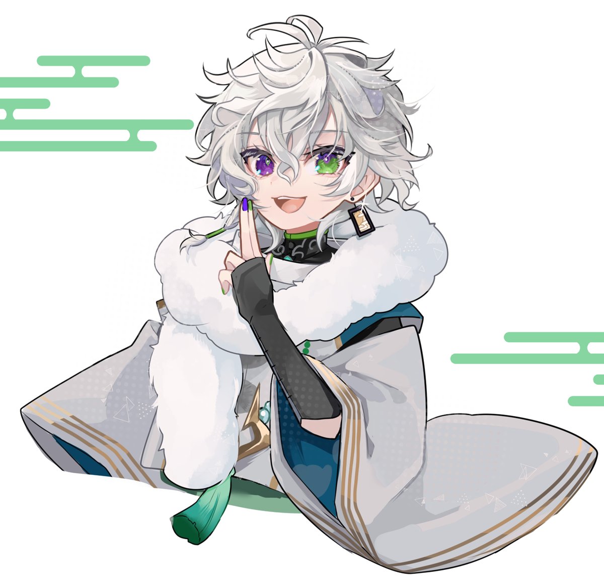 1boy, braid, earrings, fingerless_gloves, gloves, green_eyes, grey_hair, heterochromia, japanese_clothes, jewelry, male_focus, mamepi, murakumo_kagetsu, nijisanji, purple_nails, single_braid, smile, solo, tunic, violet_eyes, virtual_youtuber