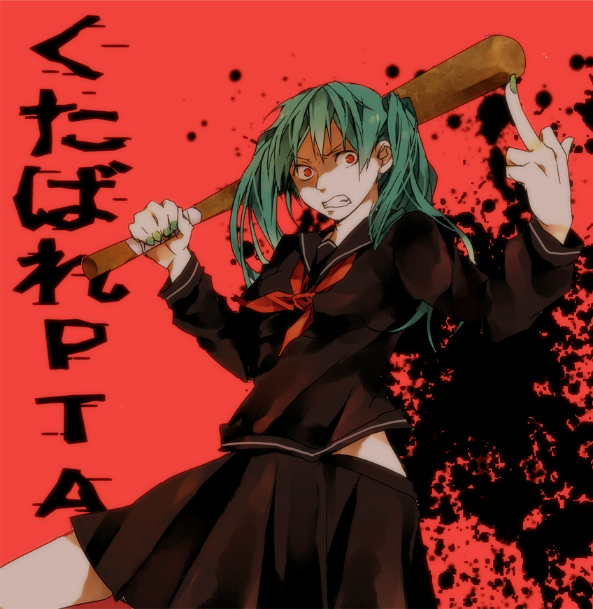 angry, aqua_hair, az_(pixiv993401), baseball_bat, hatsune_miku, kutabare_pta_(vocaloid), long_hair, middle_finger