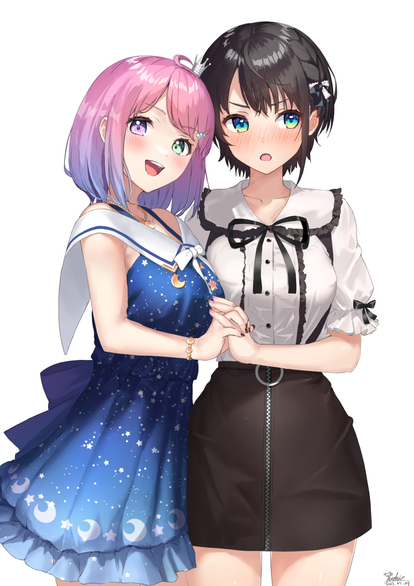 2girls, absurdres, ahoge, back_bow, black_hair, black_nails, black_ribbon, black_skirt, blue_bow, blue_dress, blue_eyes, blush, bow, bracelet, breasts, buttons, commentary, cowboy_shot, crescent_necklace, crown, dated, dress, fingernails, frilled_dress, frilled_shirt, frills, gradient_hair, green_eyes, hair_ornament, hair_ribbon, hairclip, heterochromia, highres, himemori_luna, himemori_luna_(4th_costume), holding_hands, hololive, jewelry, looking_at_viewer, looking_away, looking_to_the_side, medium_breasts, medium_hair, mini_crown, multicolored_hair, multiple_girls, nail_polish, nanaushi, necklace, oozora_subaru, open_mouth, pink_hair, pink_nails, print_dress, purple_hair, ribbon, shirt, short_hair, short_sleeves, signature, simple_background, skirt, sleeveless, sleeveless_dress, star_(symbol), star_print, swept_bangs, teeth, upper_teeth_only, violet_eyes, virtual_youtuber, white_background, white_ribbon, white_shirt, zipper_pull_tab