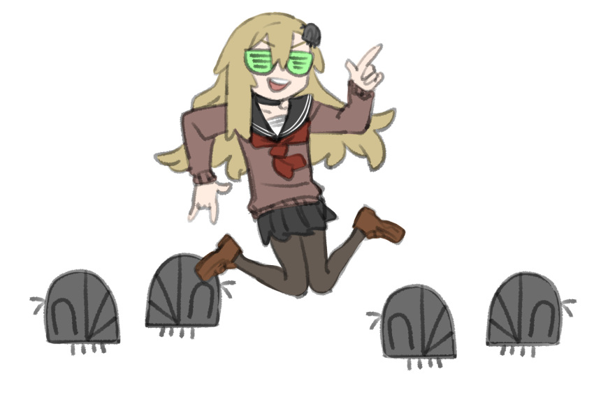 1girl, \m/, asdfmovie, black_choker, black_sailor_collar, black_skirt, blonde_hair, brown_cardigan