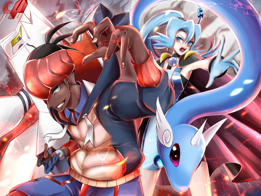 1boy, 1girl, black_hair, blue_eyes, blue_gloves, blue_hair, bodysuit, cape