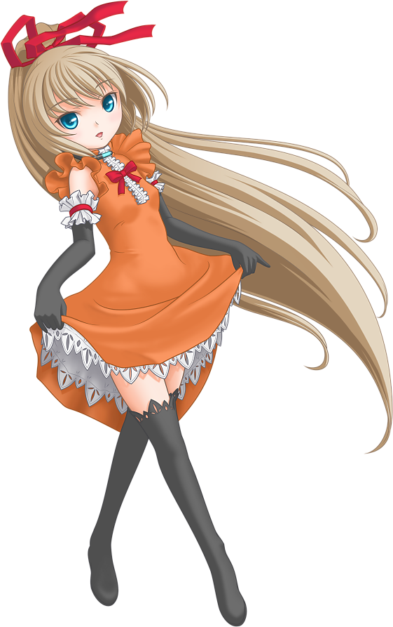 bow, brown_hair, dress, elbow_gloves, gloves, hair_bow, hair_ribbon, long_hair, ponytail, ribbon, shirakane_hiyori, simple_background, smile, solo, t2r, thigh-highs, thighhighs, transparent_background, utau, zettai_ryouiki