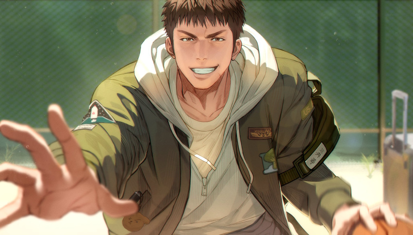 1boy, ball, basket, basketball, basketball_(object), brown_eyes, brown_hair, chain-link_fence, copyright_request, fence, green_jacket, highres, holding, holding_basket, hood, hoodie, jacket, jacket_over_hoodie, looking_at_viewer, male_focus, open_mouth, reaching, reaching_towards_viewer, shewnut, short_hair, smile, solo, suitcase, upper_body, white_hoodie