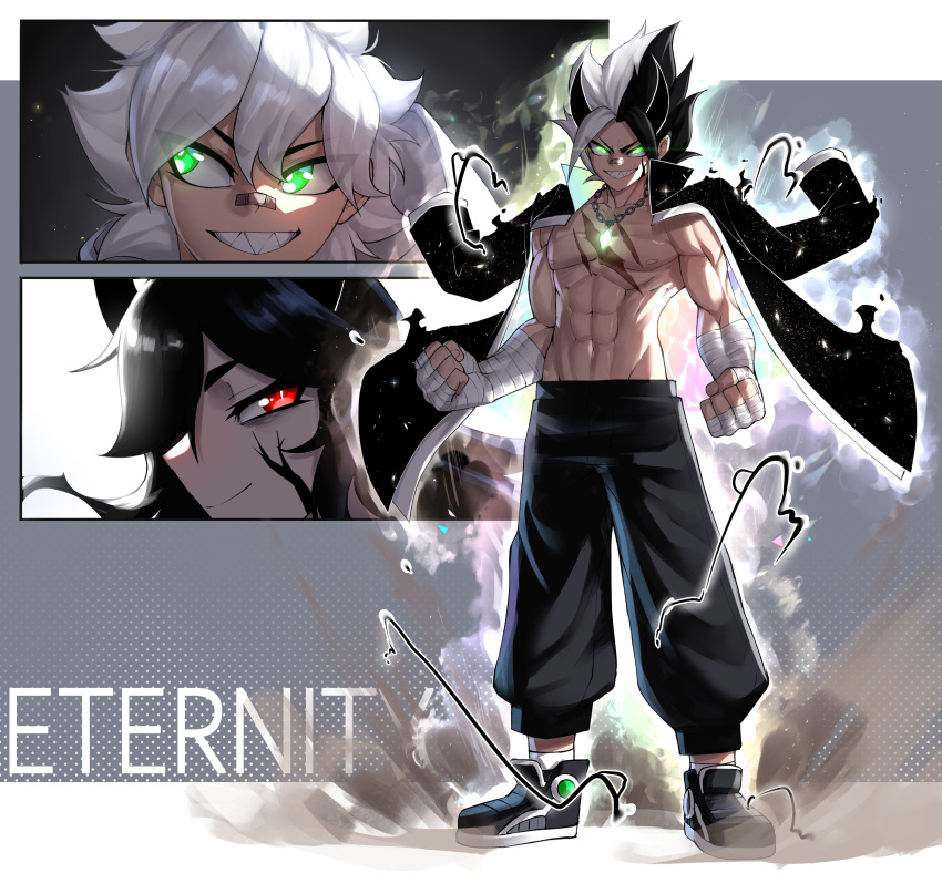 1boy, 2girls, abs, absurdres, aura, bandaged_arm, bandaged_hand, bandages